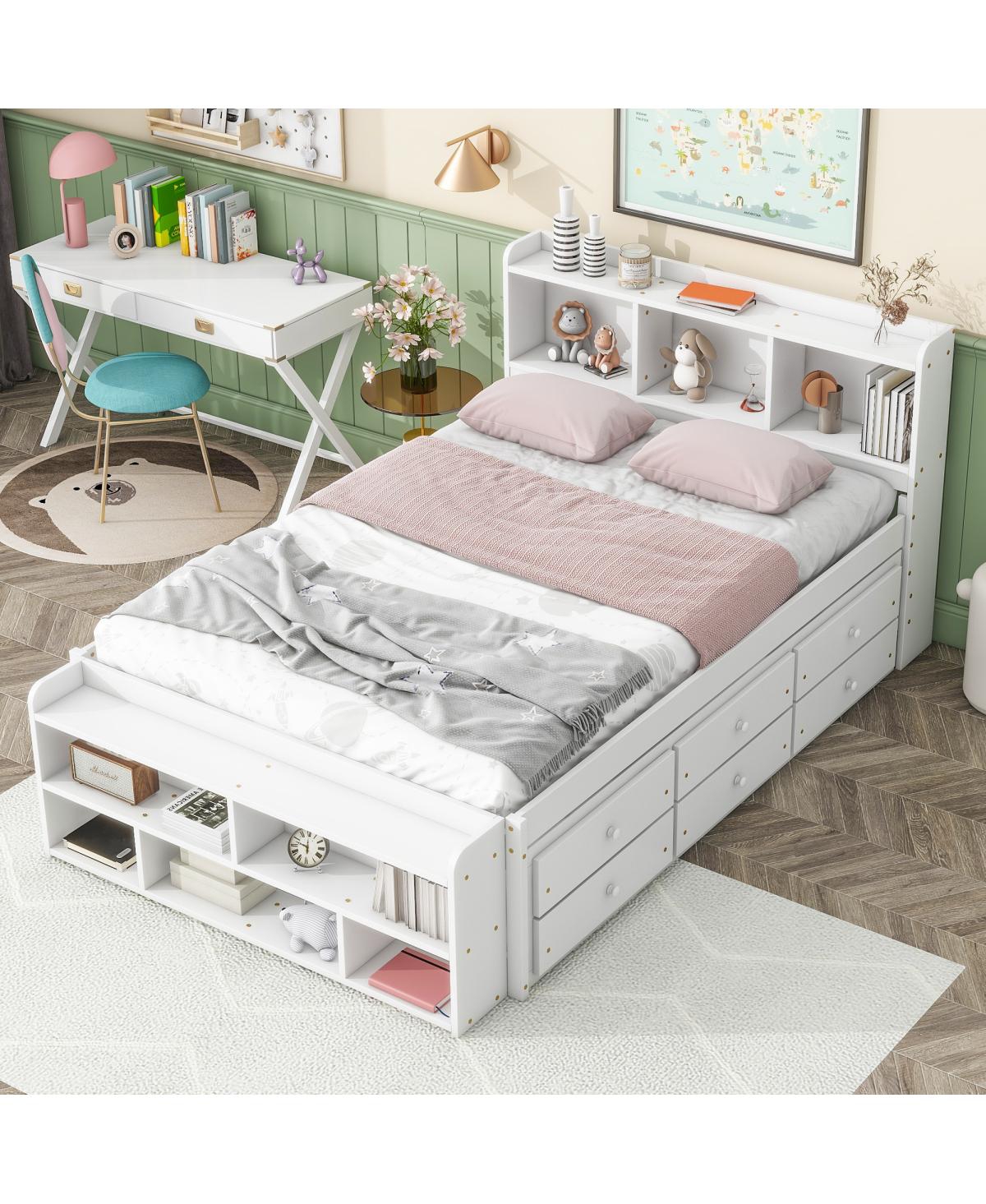 Simplie Fun Full Bed With Bookcase Headboard, Under Bed Storage Drawers And Bed End Storage Case, White