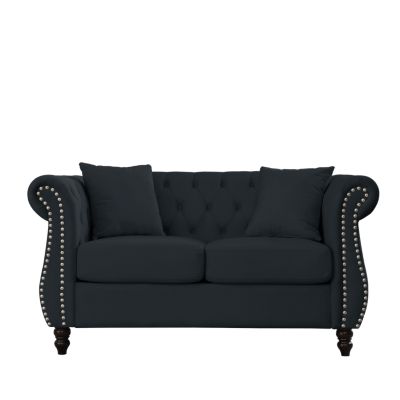2-Seater Black Velvet Chesterfield Sofa with Trim & Pillows