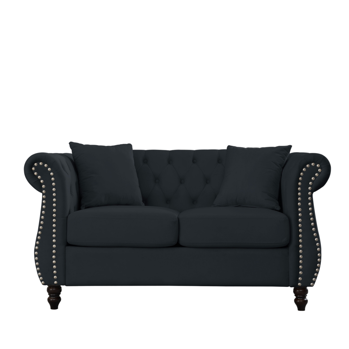 Streamdale Furniture Black Velvet Chesterfield Sofa with Rolled Arms & Nailhead Trim, 2-Seater, 2 Pillows