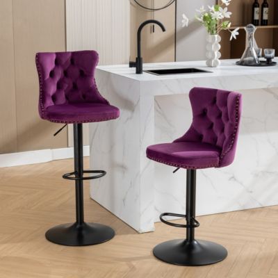 Swivel Velvet Barstools, Adjustable Height, Purple (Set of 2