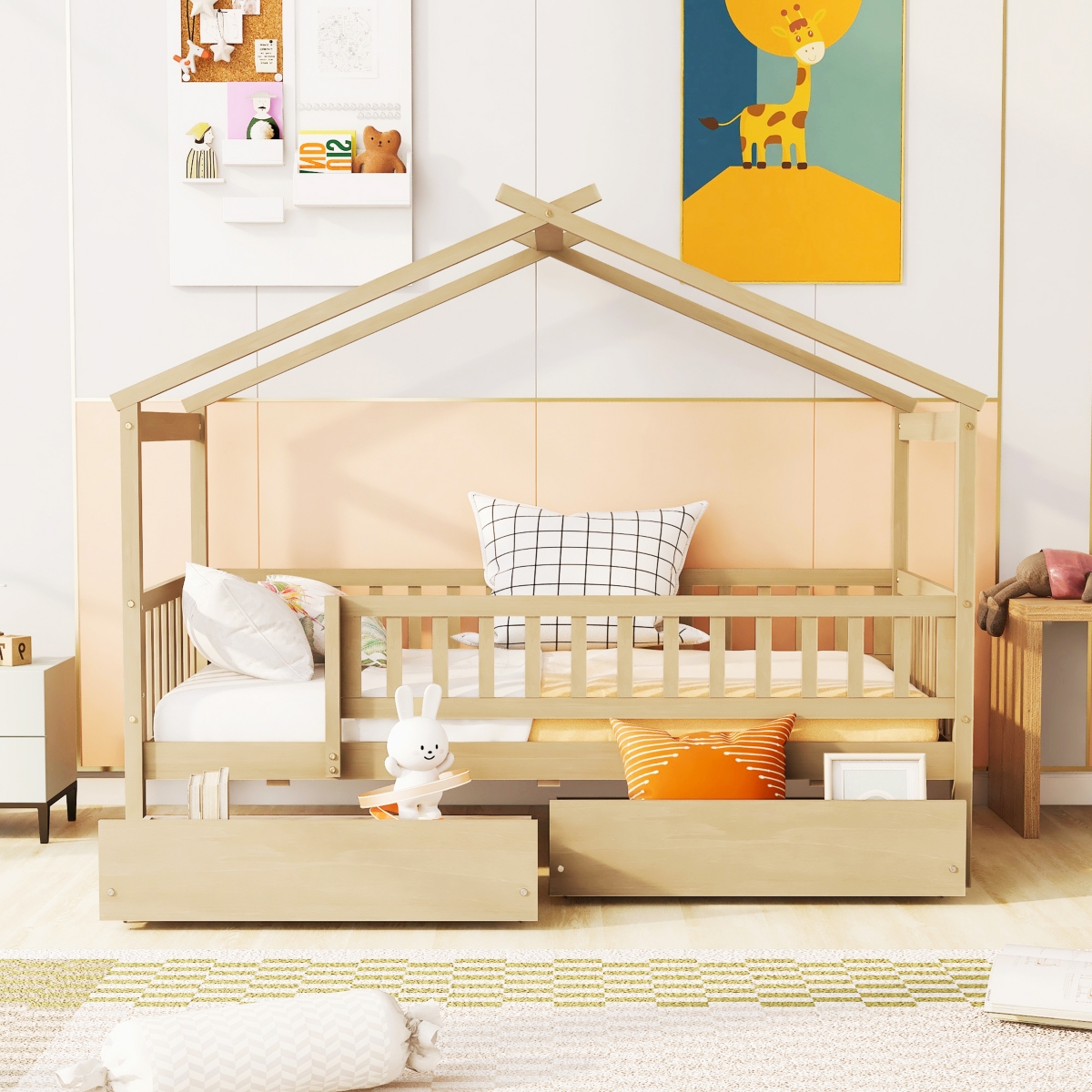 Streamdale Furniture Size Wooden House Bed With Two Drawers,- Natural