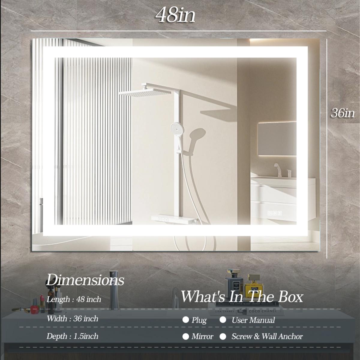 Streamdale Furniture Led Bathroom Mirror 48 X 36 Inch With Lights, Anti-Fog & Dimming Led Bathroom Vanity Mirror
