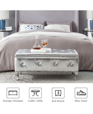 Crystal Button Faux Leather Ottoman Bench