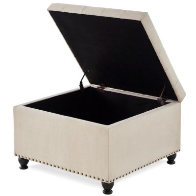Beige upholstered storage ottoman with wooden legs