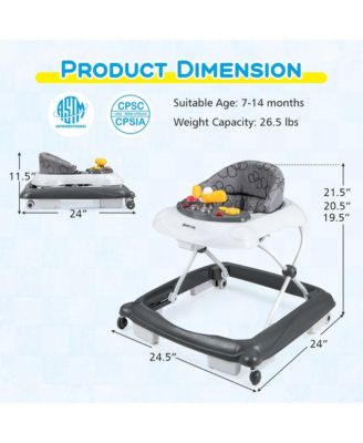 Foldable Baby Walker with 3 Adjustable Heights Comfy Padded Seat Music Tray