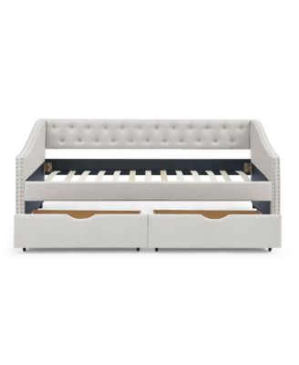 Upholstered Twin Size Daybed with Drawers, Beige