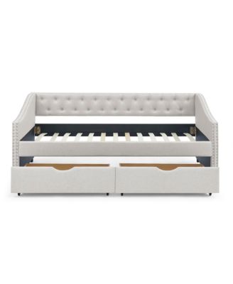 Upholstered Twin Size Daybed with Drawers, Beige