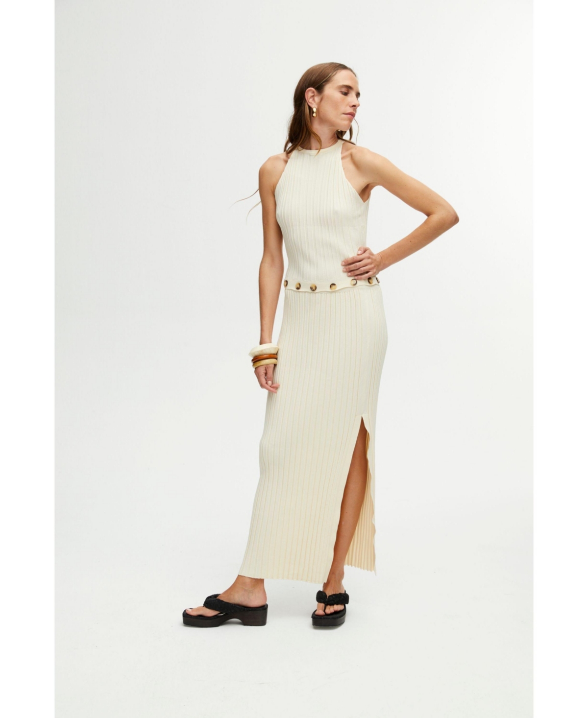 Women's Ribbed Dress with Slits - Ivory