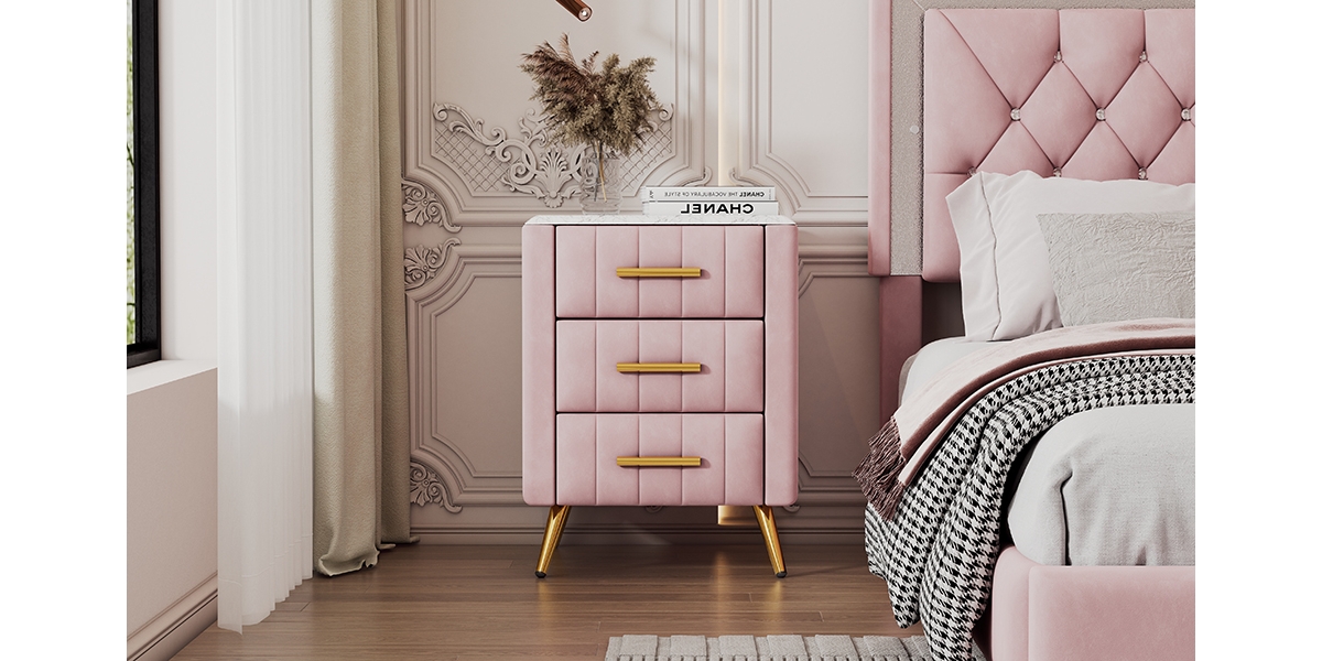 Streamdale Furniture 3-Drawer Upholstered Nightstand with Metal Legs