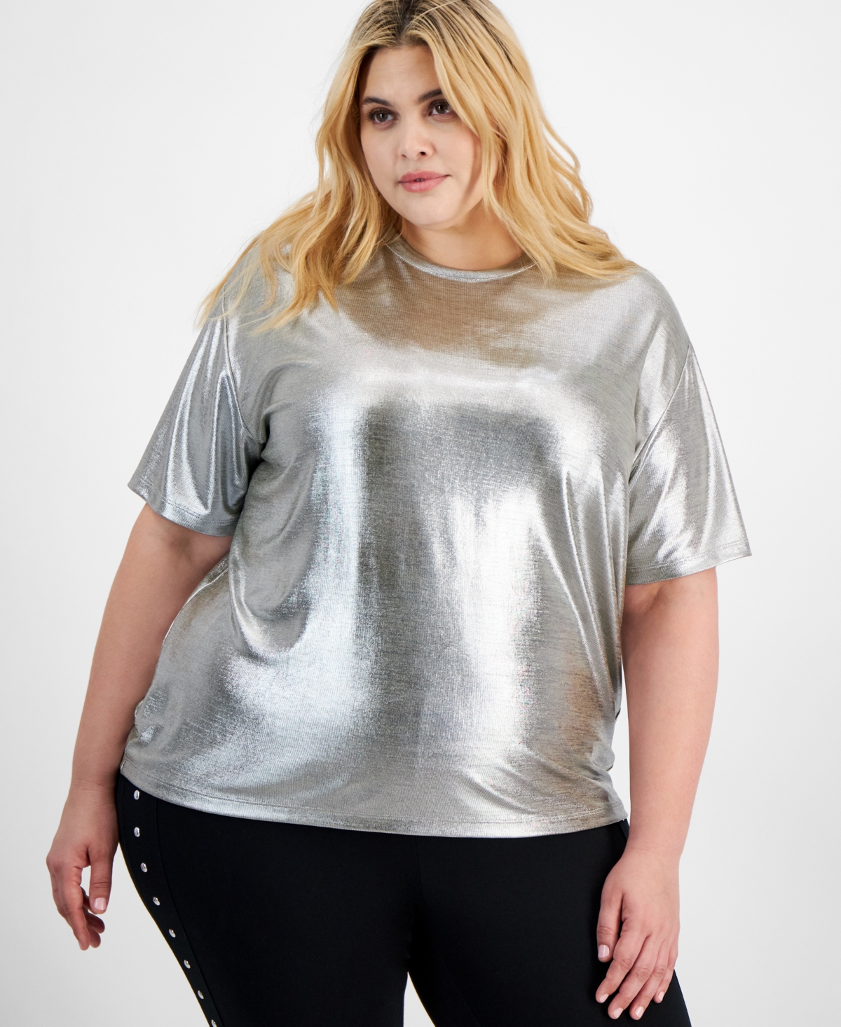 Bar Iii Trendy Plus Size Shine Drop-Shoulder T-Shirt, Created for Macy's