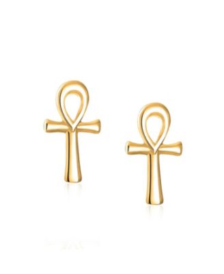 Minimalist Petite Delicate Religious Symbol of Life Egyptian Ankh Cross Stud Earrings 14k Gold 2.5 Microns Vermeil Sterling Silver