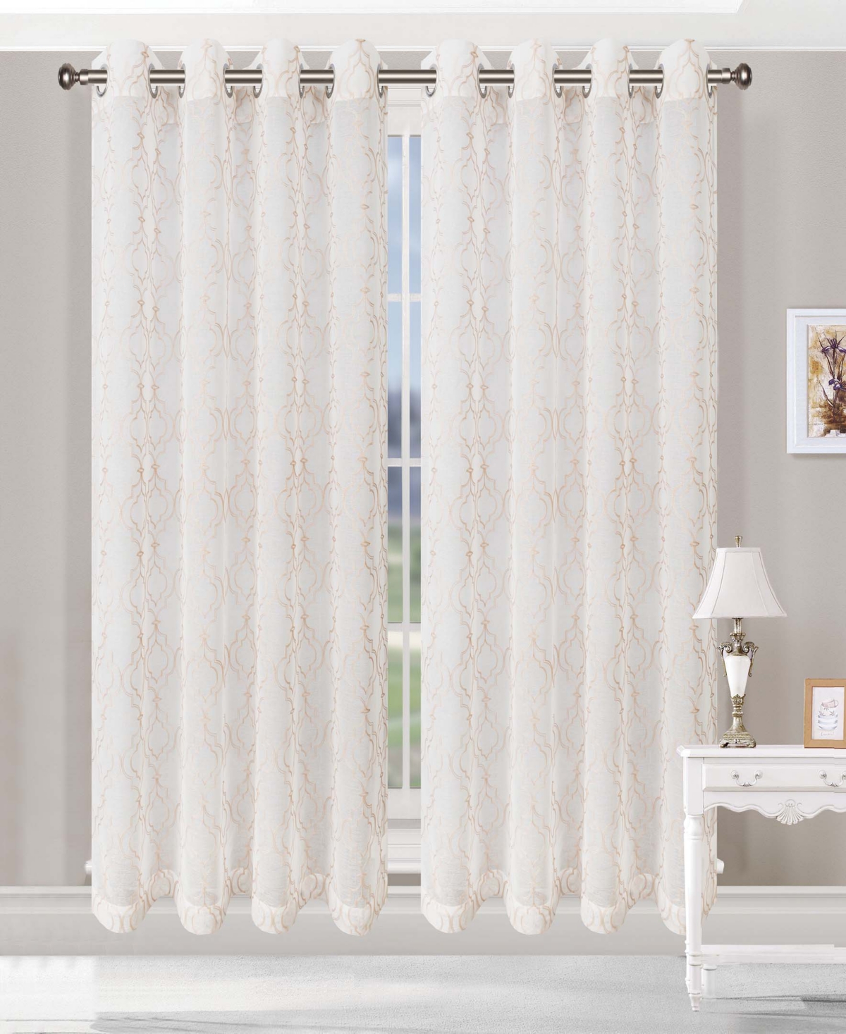 Superior Modern Embroidered Imperial Trellis Sheer 2-Piece Curtain Panel Set with Grommet Header Top, 52