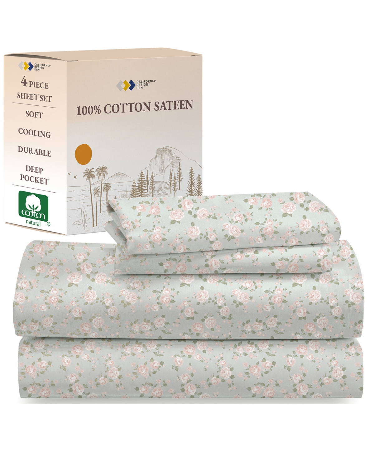 California Design Den Floral Sheet Set, Soft 100% Cotton Sateen, 4 Pc Deep Pocket Sheets & Pillowcase Set - Chic Floral