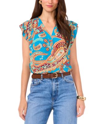 Vince Camuto - Women's Printed V-Neck Ruffled-Sleeve Blouse