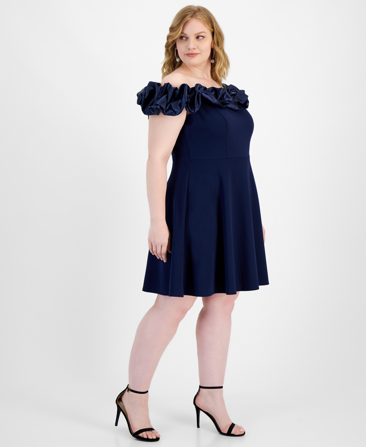 B Darlin Trendy Plus Size Ruffled Off-the-shoulder Dress In Navy,navy