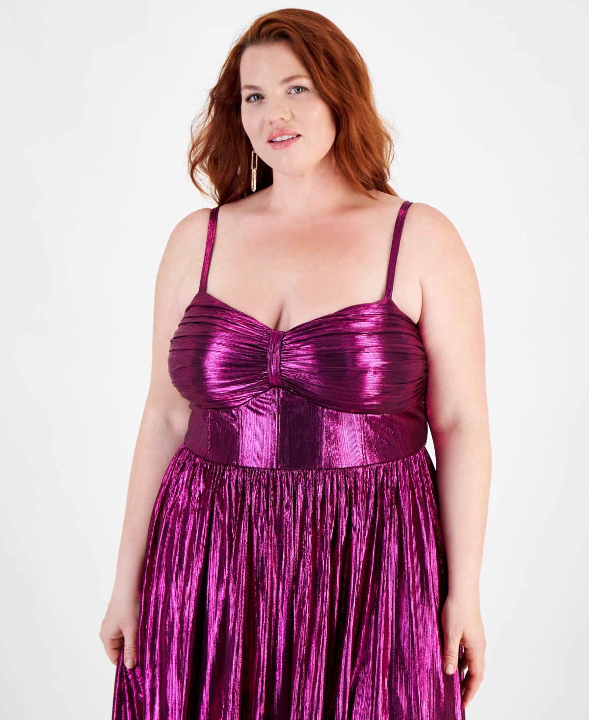 City Studios Trendy Plus Size Sweetheart-Neck Foil-Knit Gown