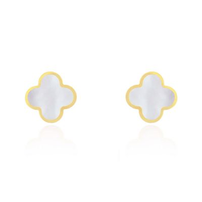 Large Mother of Pearl Clover Stud Earrings 14K Gold