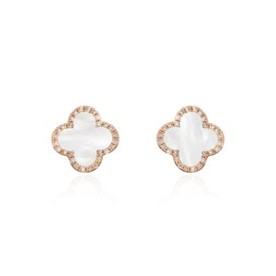 Mother of Pearl Diamond Clover Stud Earrings 14K Gold