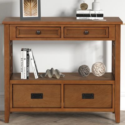Farmhouse Wood Console Table with Drawers and Shelf