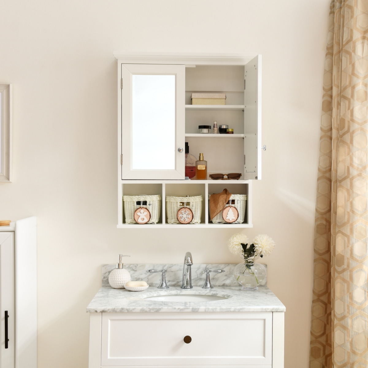 Streamdale FurnitureWood Wall Cabinet with Mirrored Doors & Storage Baskets - White