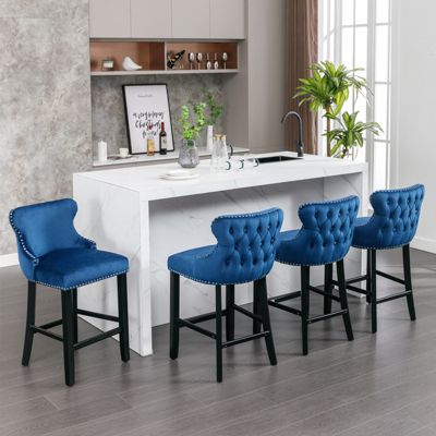  Contemporary Velvet Upholstered Wing-Back Barstools With Button Tufted