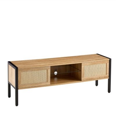  Rattan TV Cabinet with Adjustable Shelf and Colorful Light Strip