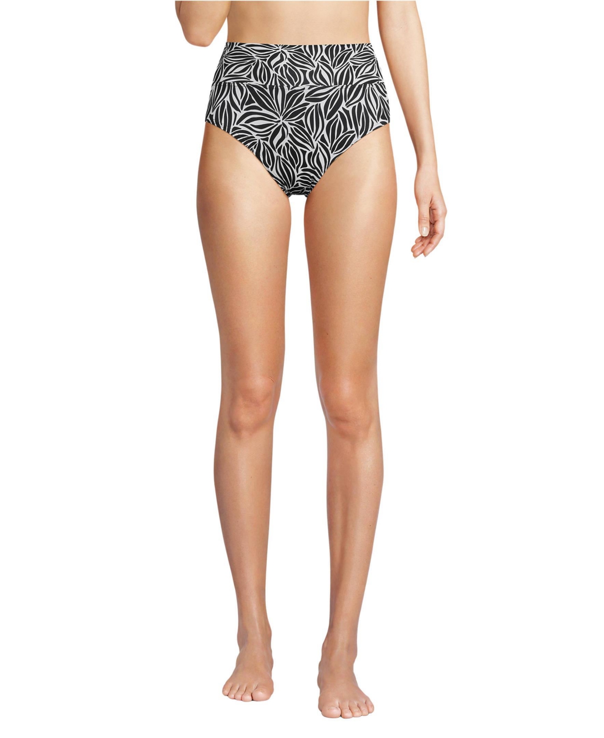 Lands' End Women's Chlorine Resistant Pinchless High Waisted Bikini Bottoms -white abstract floral