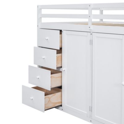 Full Size Wood Loft Bed With Built-In Wardrobes, Cabinets And Drawers