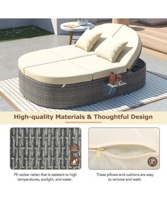 Gray Rattan Outdoor Daybed with Cushions and Cup Trays