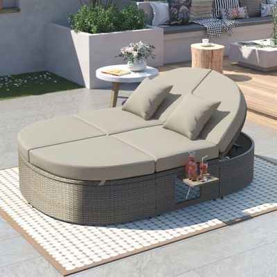 Gray Rattan Outdoor Daybed with Cushions and Cup Trays
