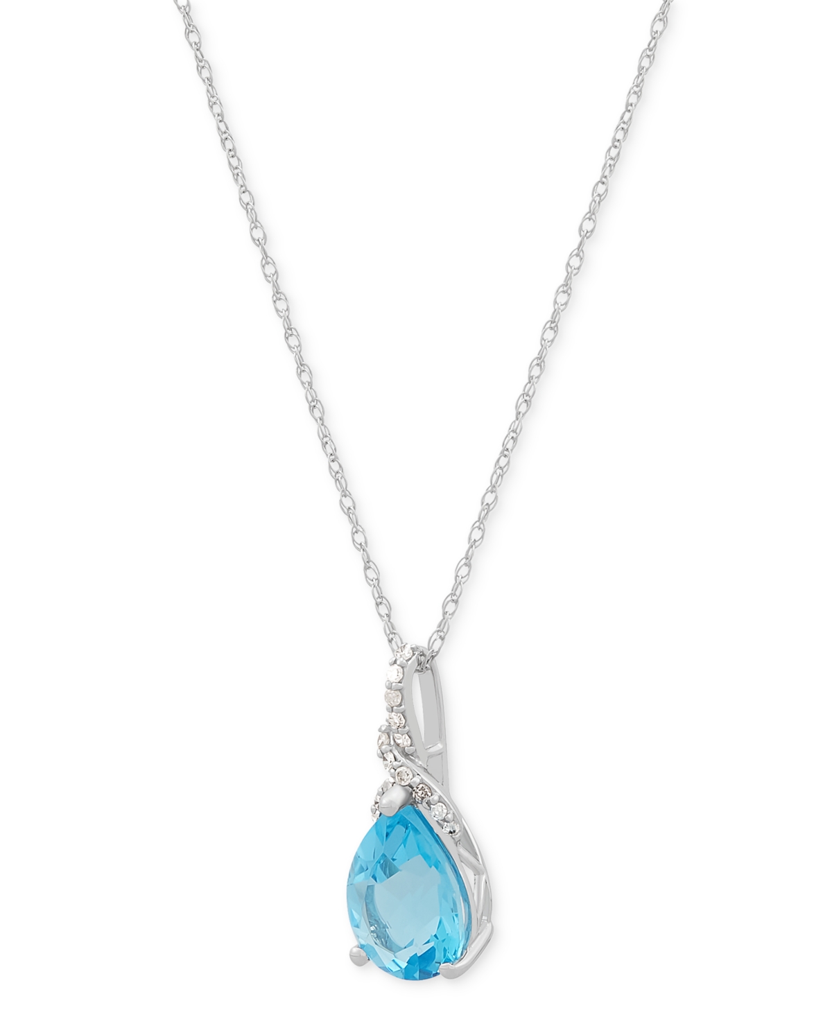 Macy's Swiss Blue Topaz (2 Ct. T.w.) & Diamond (1/20 Ct. T.w.) Pear & Swirl 18" Pendant Necklace In 14k Whi In Swiss Blue Topaz