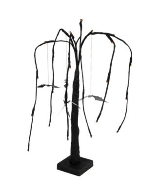 24" LED Lighted Black Glittered Halloween Willow Tree with Bats - Orange Lights