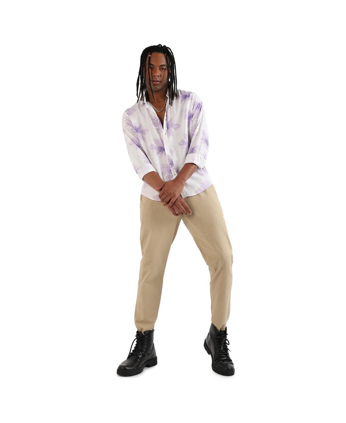 Campus Sutra Men's EcoLiva& Lavender Faded Floral Strokes Shirt - White