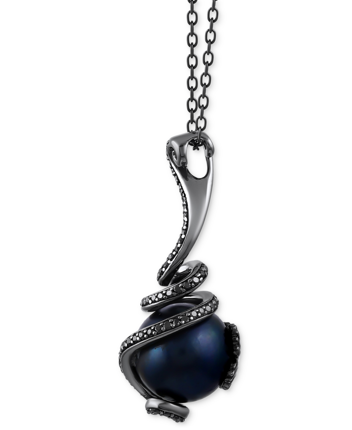 Black Drill Pearl (10mm) & Black Diamond (1/4 ct. t.w.) Ursula Tentacle Pendant Necklace in Black Rhodium-Plated Sterling Silver, + extender