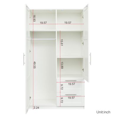 2-Door, 2-Drawer Wardrobe with 5 Storage Spaces, White