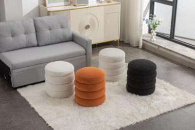 Soft Boucle Round Ottoman Footrest Stool, Black
