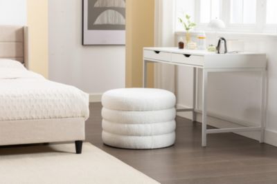 Ivory Boucle Ottoman with Wooden Shelves