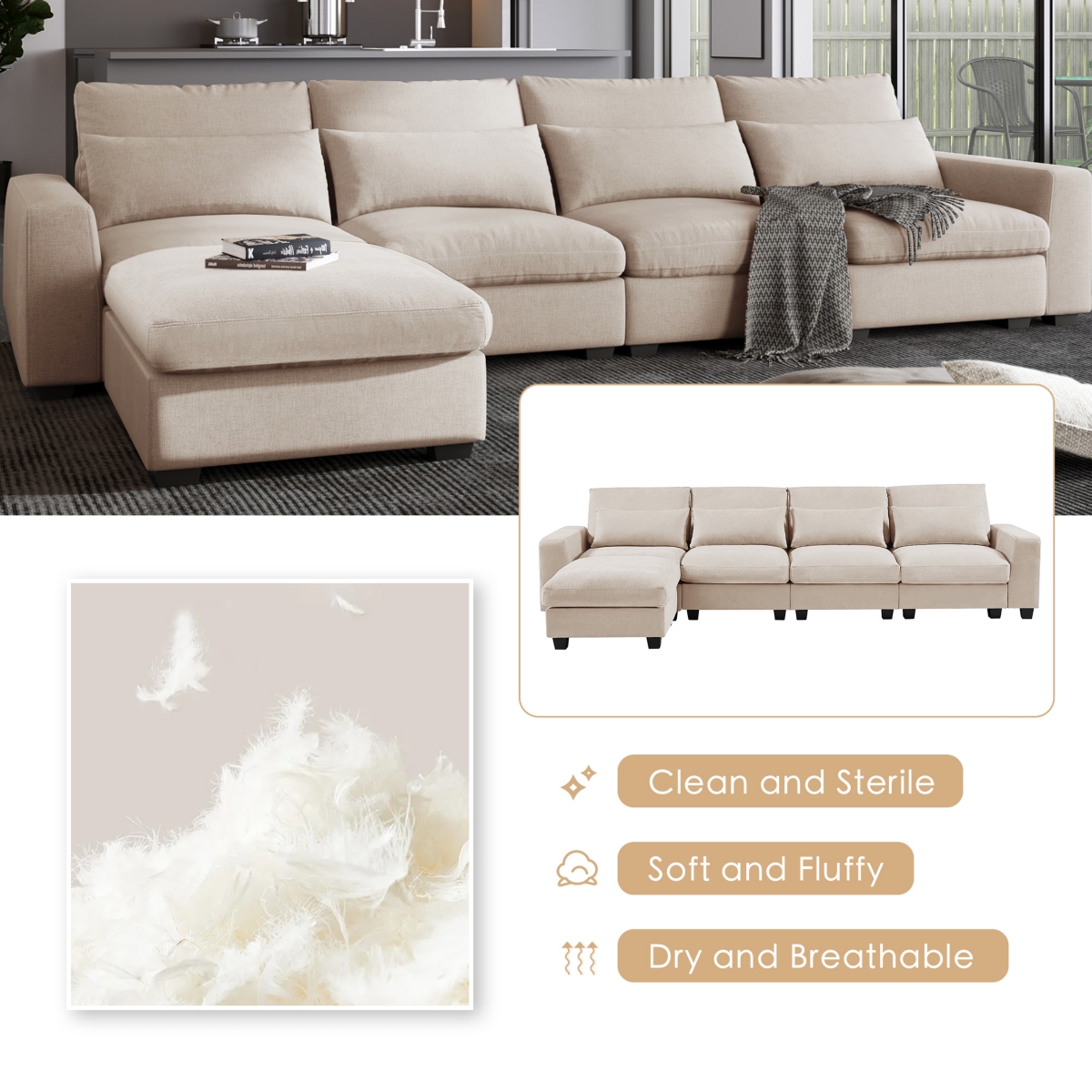 Streamdale Furniture Modern Large L-Shaped Feather Filled Sectional Sofa, Convertible Sofa Couch With Reversible Chaise