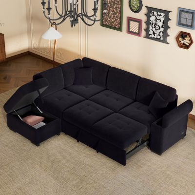 L-Shaped Sleeper Sofa with Storage Ottoman & USB Charge