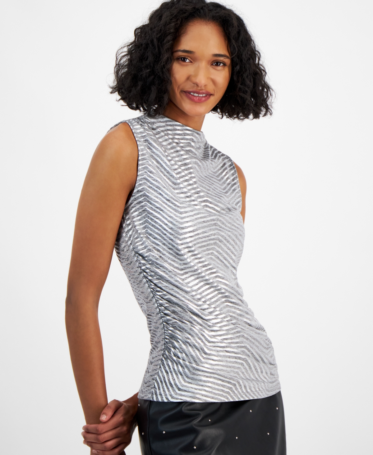 Bar Iii Women's Sleeveless Foil-Print Blouse, Created for Macy's -Silver