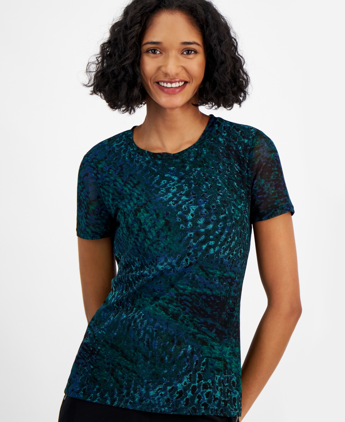 Bar Iii Women's Printed-Mesh Short-Sleeve Top, Created for Macy's