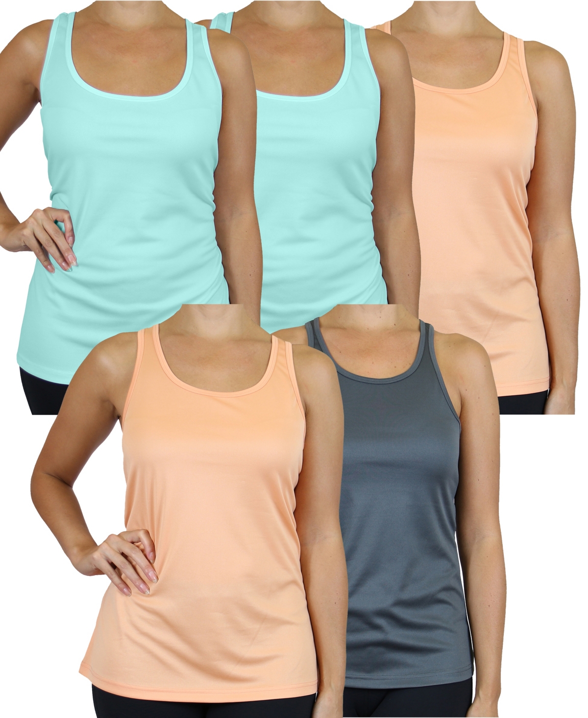 Galaxy By Harvic Women's Moisture Wicking Racerback Tanks-5 Pack In Mint,peach,charcoal