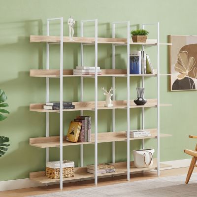Vintage Industrial 5 Tier Bookcase, White Metal Frame