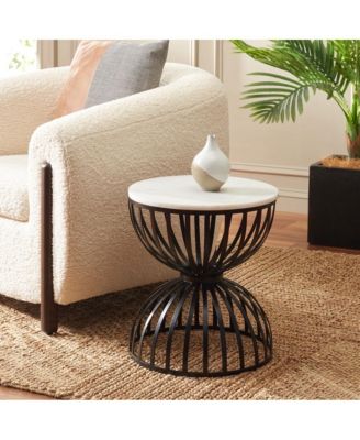 1Pc Marble Top Powder-Coated Metal Geometric Round Accent Table