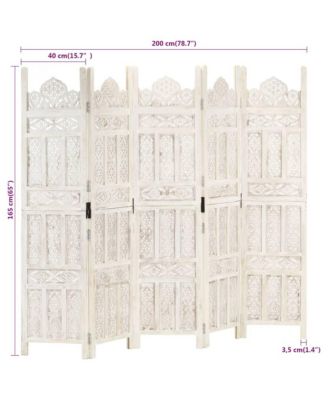 Hand carved 5-Panel Room Divider White 78.7"x65" Solid Mango Wood