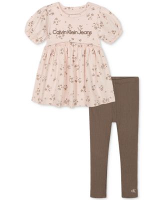 Calvin Klein - Toddler Girls Puff-Sleeve Printed Empire Top & Ribbed Leggings, 2 Piece Set