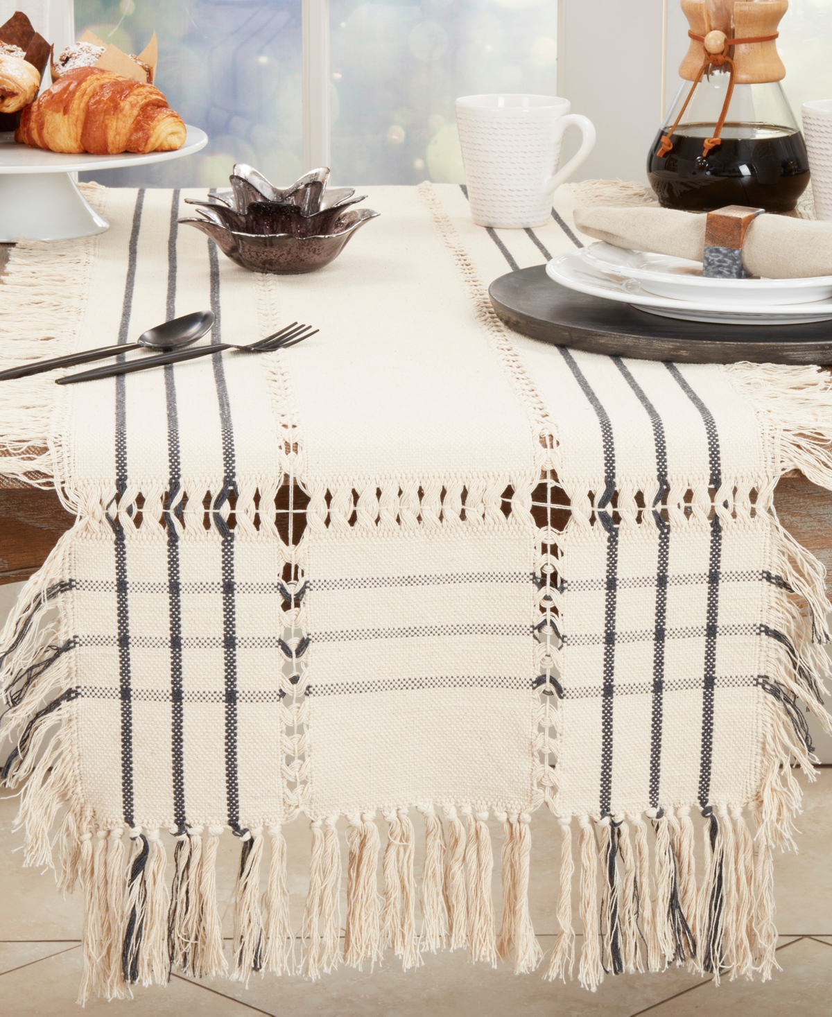 Saro Lifestyle Plaid Hemstitch Table Runner, With Fringe, 16"x72" In Natural