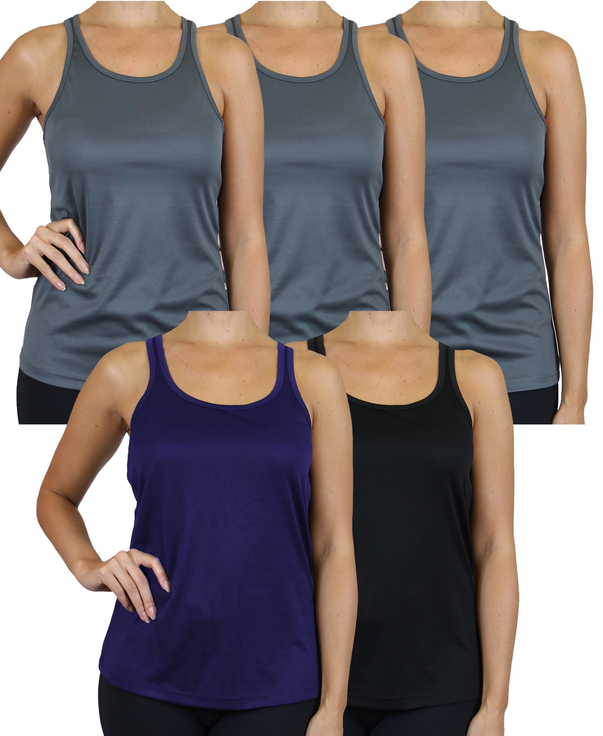 Galaxy By Harvic Women's Moisture Wicking Racerback Tanks-5 Pack In Charcoal,navy,black