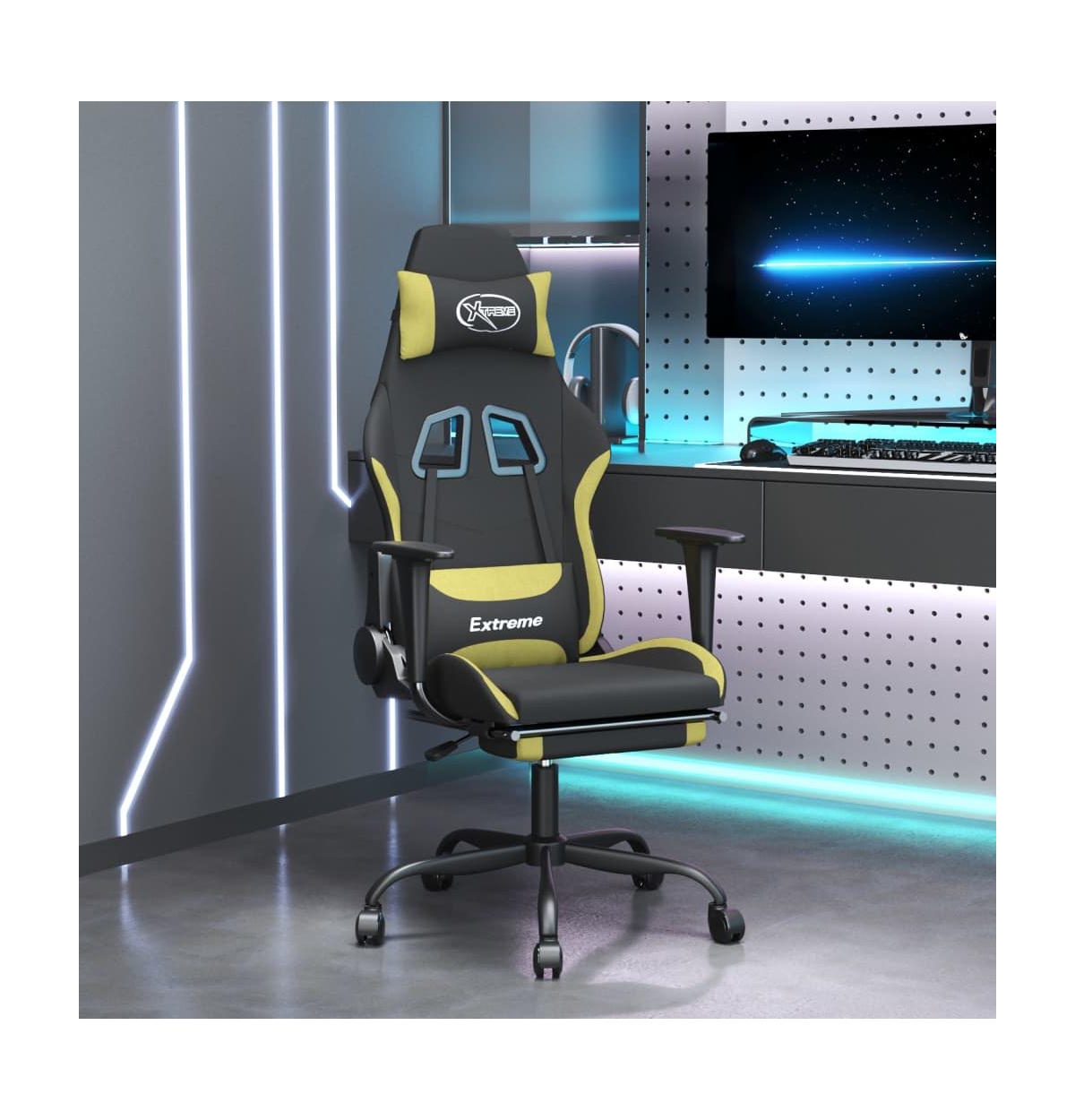 vidaXL Massage Gaming Chair with Footrest Black and Light Green Fabric