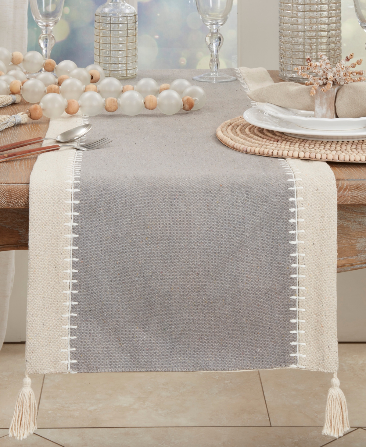 Saro Lifestyle Whipstitched Border Design Table Runner, 16"x72" In Gray